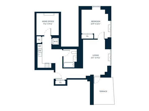 Floor plan for 1 bed, 1 bath, 926 sqft
